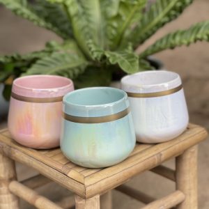 Chậu sứ men ngọc trai viền vàng sang trọng-màu xanh