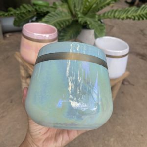 Chậu sứ men ngọc trai viền vàng sang trọng-màu xanh