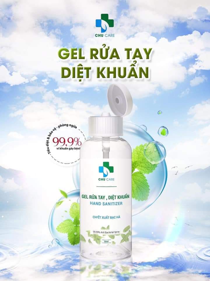 Gel rửa tay khô diệt khuẩn CHU CARE 50ml chiết xuất bạc hà
