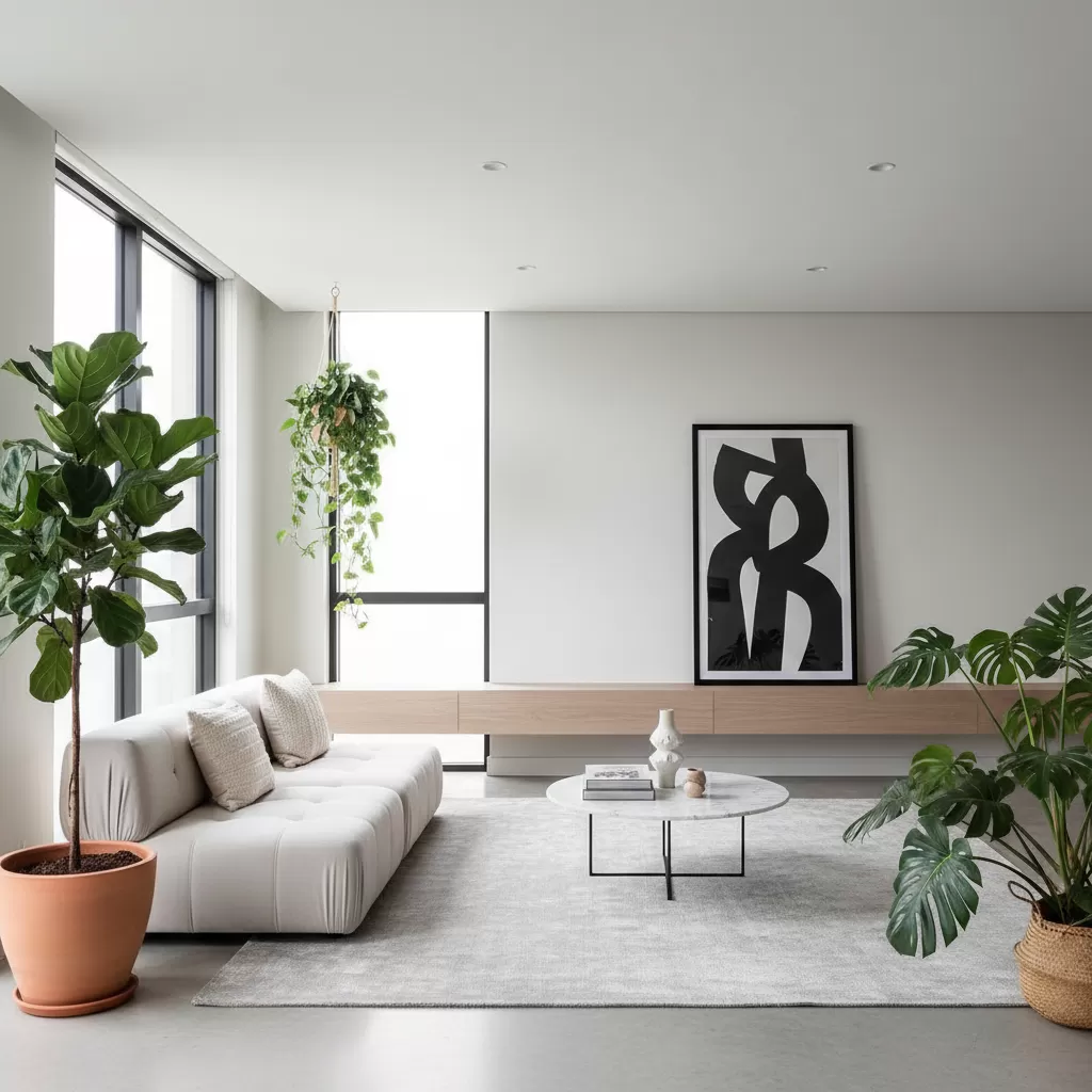 gemini_image_1772198923 Không gian phòng khách hiện đại và xanh mát với các loại cây trang trí tinh tế