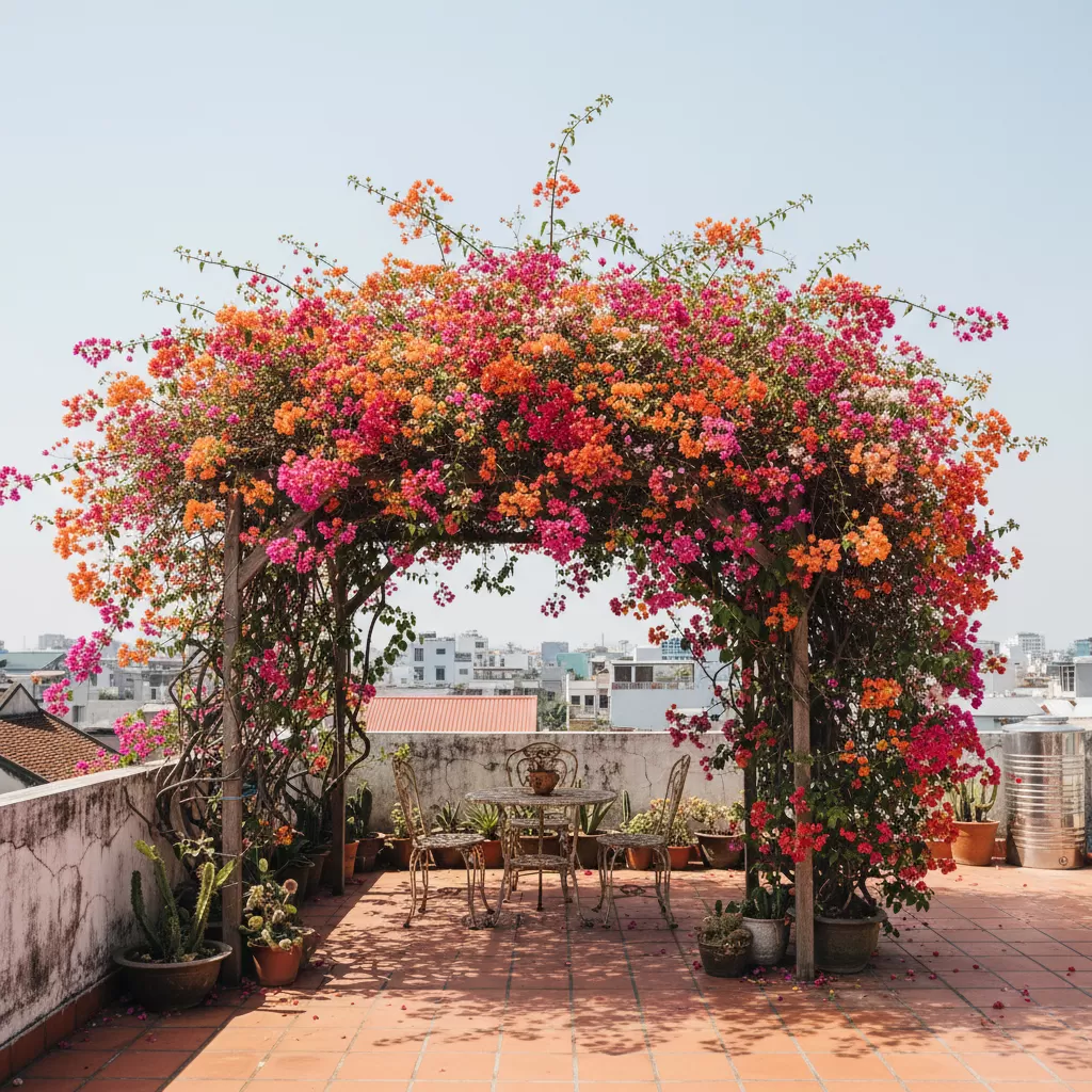 gemini_image_1772200254 Hoa giấy là lựa chọn hàng đầu cho sân thượng hướng Tây nhờ khả năng chịu hạn và sức sống mãnh liệt