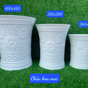 Chậu trồng cây nhựa PP vân hoa mai màu trắng bền đẹp - Số 3