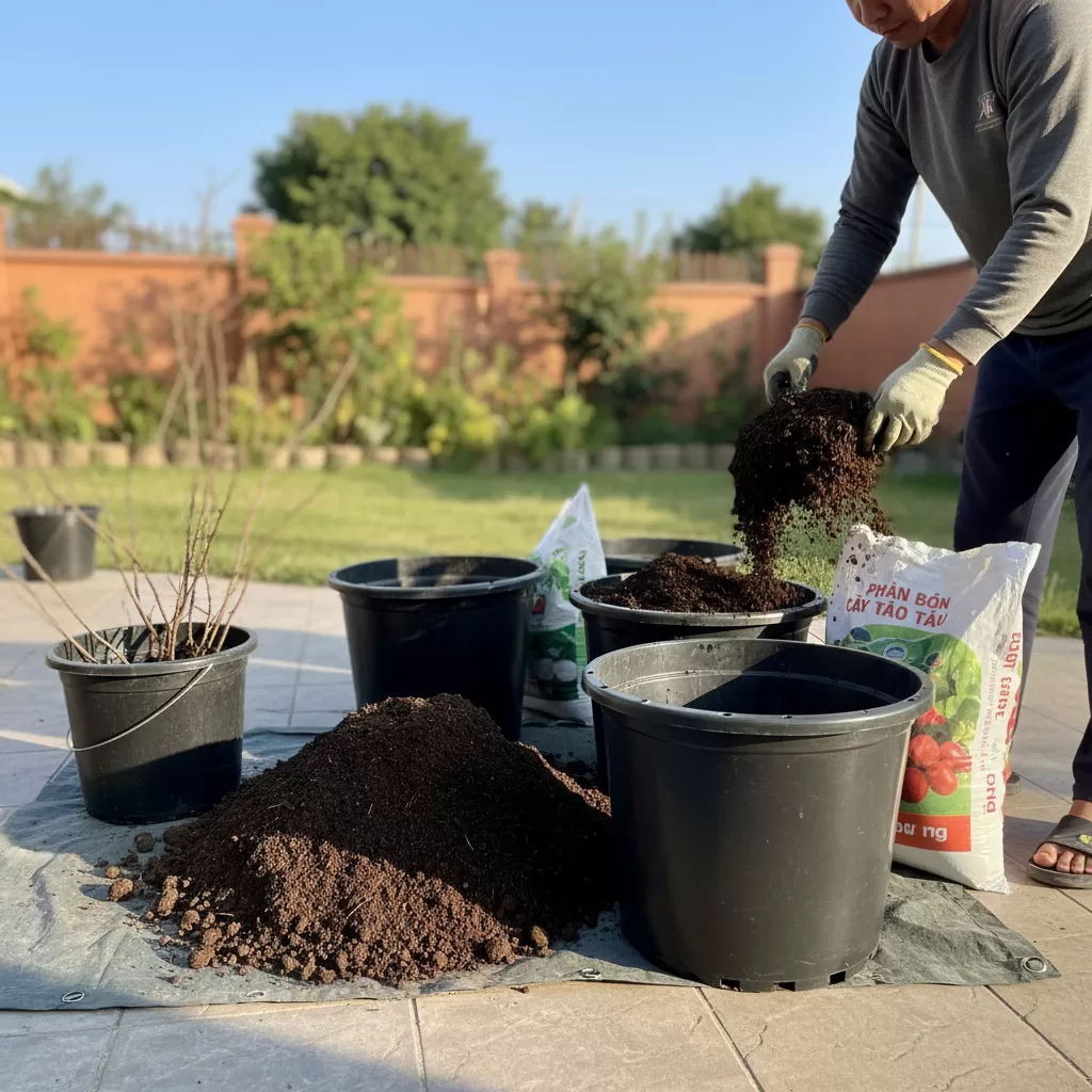 gemini_image_1772165944 Chuẩn bị giá thể tơi xốp và chậu có kích thước phù hợp giúp bộ rễ táo tàu phát triển khỏe mạnh