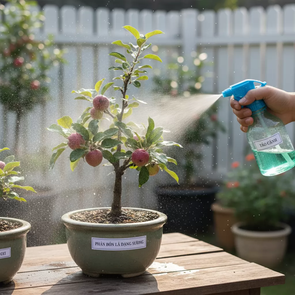 Phun phân bón lá giúp bổ sung vi lượng kịp thời cho cây táo trong giai đoạn nuôi quả