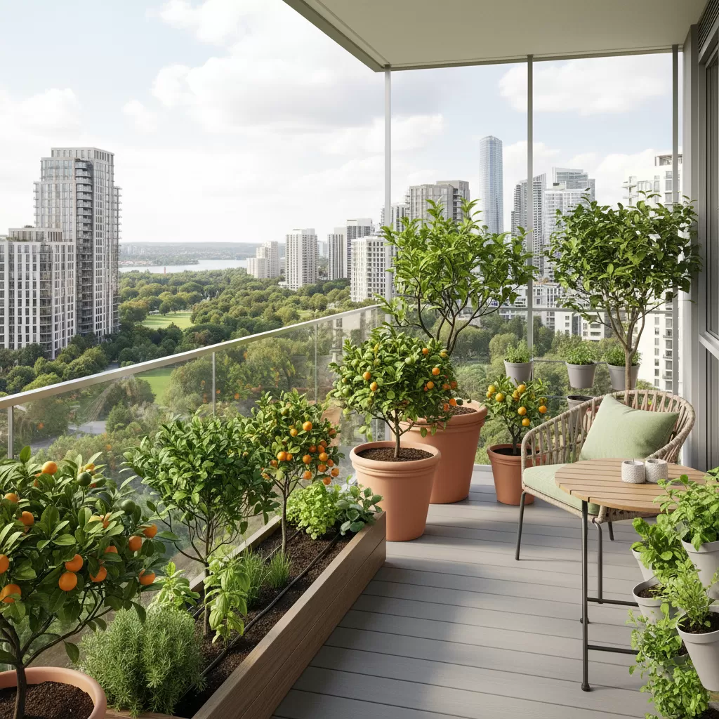 Không gian xanh mát với các loại cây ăn trái trồng chậu tại ban công nhà phố