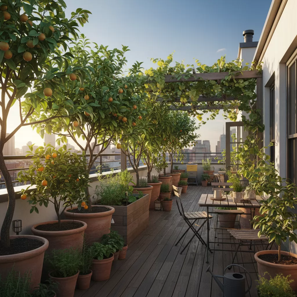 gemini_image_1772170502 Mô hình vườn cây ăn trái trên sân thượng mang lại không gian xanh mát và nguồn quả sạch cho gia đình