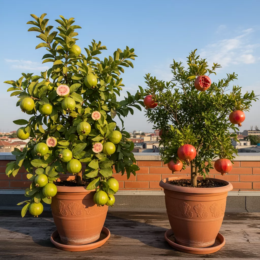 gemini_image_1772170503 Ổi và lựu là hai giống cây thân gỗ nhỏ lý tưởng để trồng trong chậu trên sân thượng