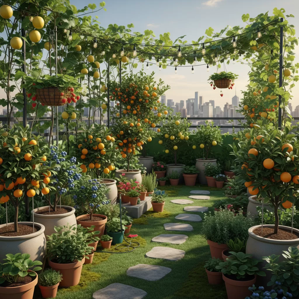 gemini_image_1772171073 Mô hình vườn cây ăn trái trong chậu mang lại không gian xanh và thực phẩm sạch cho gia đình