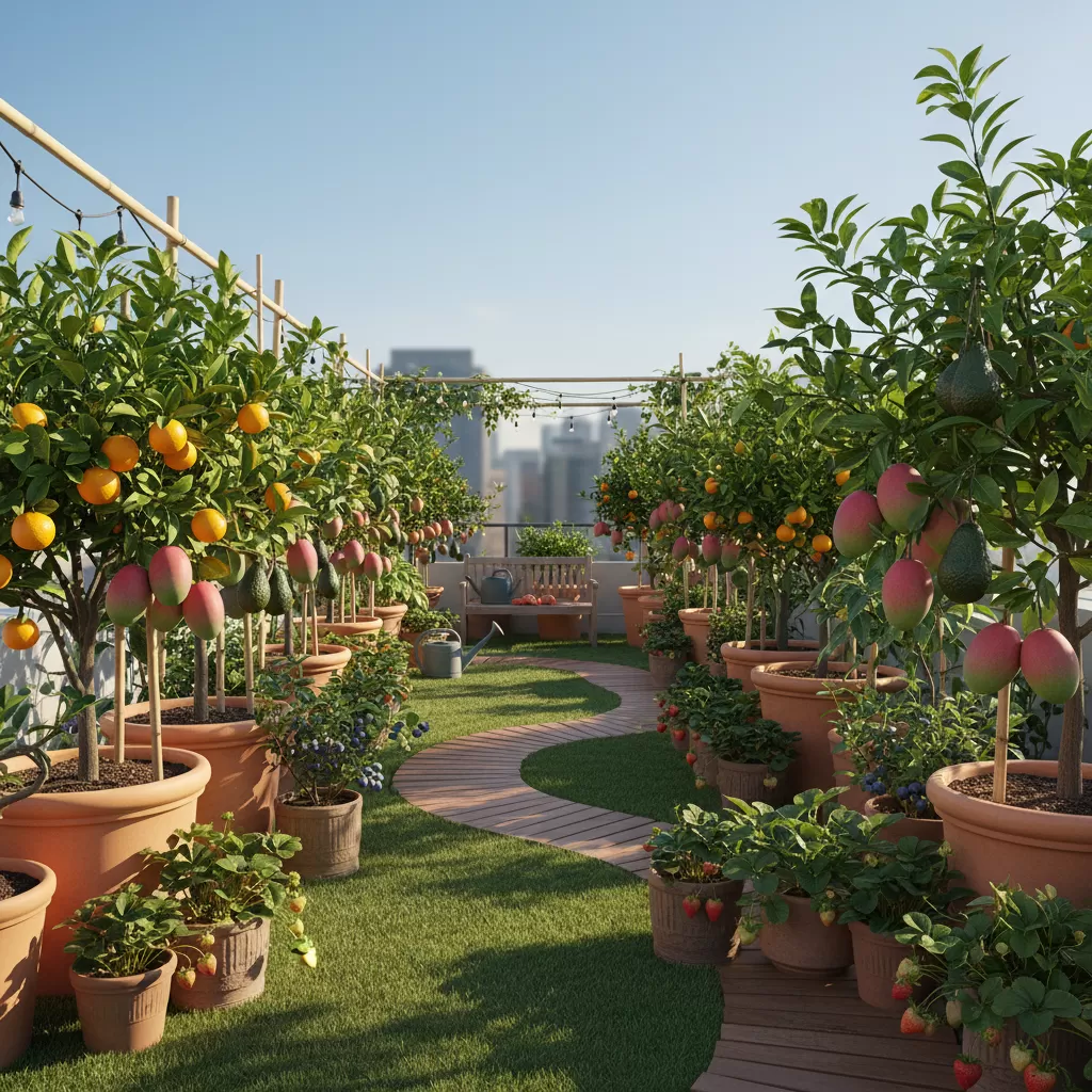 gemini_image_1772171475 Mô hình vườn cây ăn trái trồng trong chậu tại gia mang lại không gian xanh và thực phẩm sạch cho gia đình