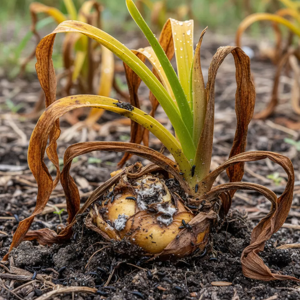 gemini_image_1772172929 Tình trạng bạch trinh vàng bị vàng lá và thối củ gây ảnh hưởng đến sức khỏe của cây