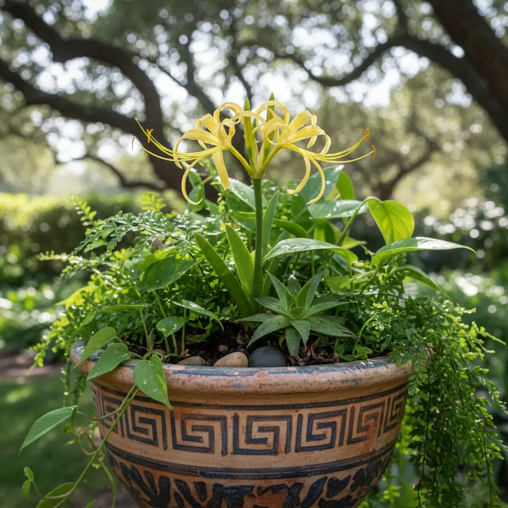 gemini_image_1772173374 Bạch trinh vàng rực rỡ khi được trồng kết hợp trong chậu cảnh