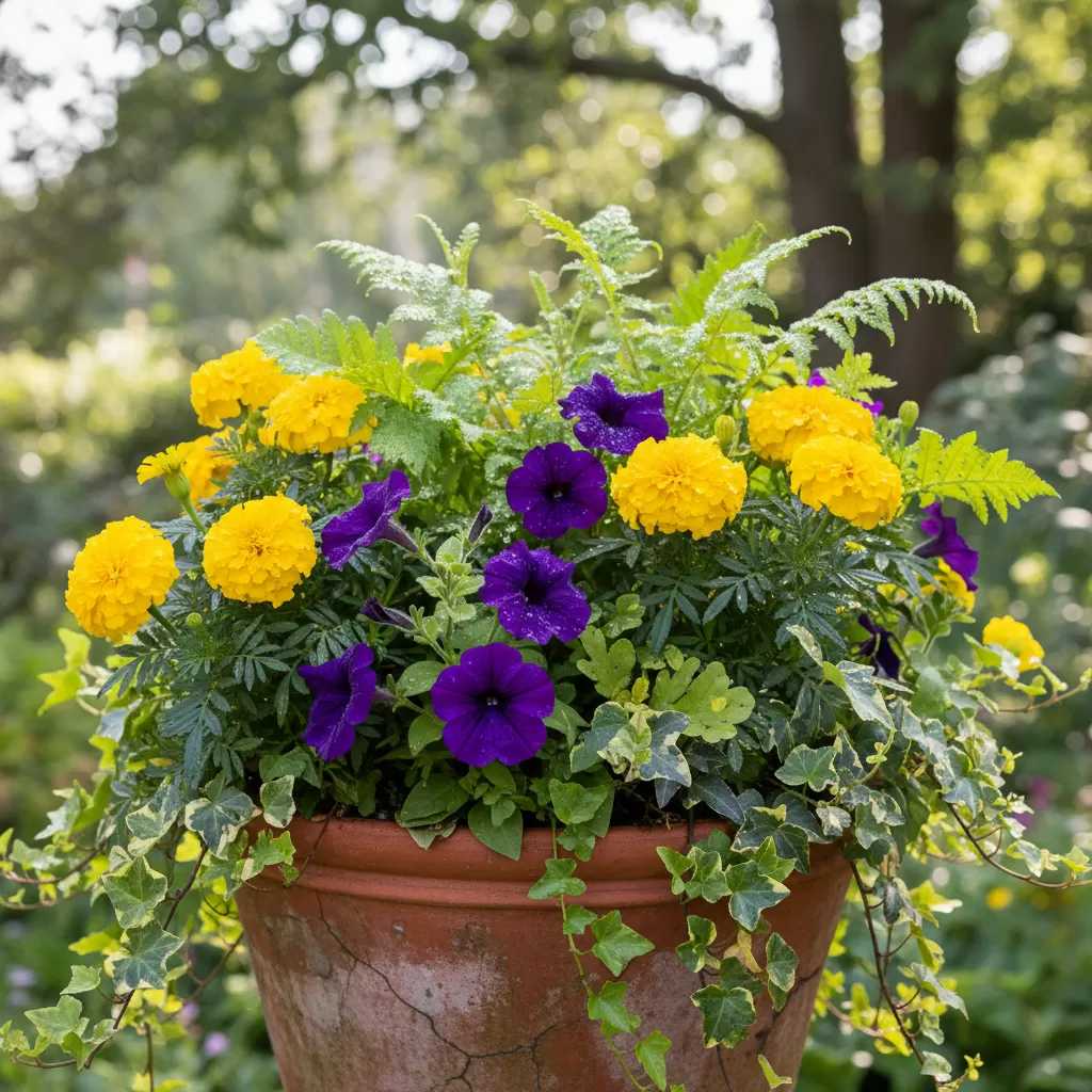 gemini_image_1772173376 Sự tương phản màu sắc ấn tượng giữa sắc vàng và các loài hoa lá màu