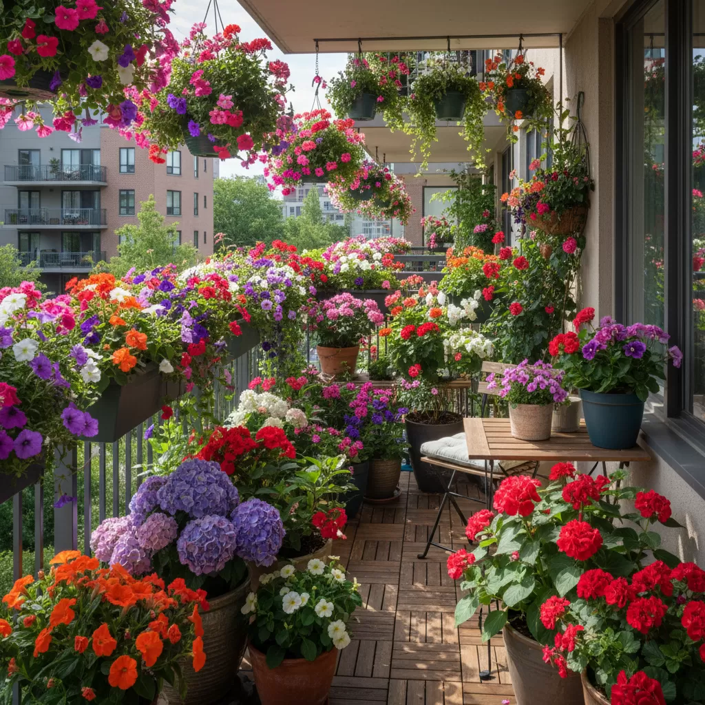 gemini_image_1772173614 Không gian ban công đô thị tràn đầy sức sống với các loại hoa nở quanh năm