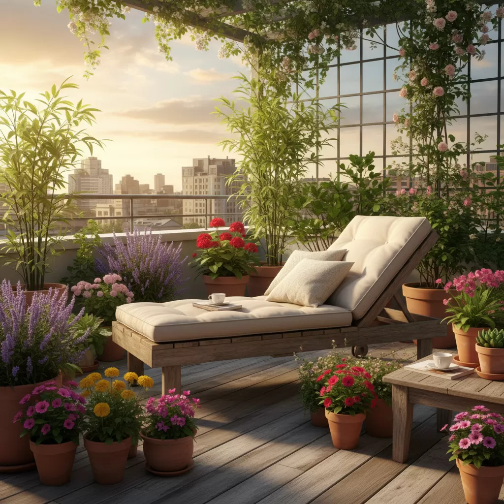 Sân thượng trở thành nơi thư giãn lý tưởng nhờ sự hiện diện của hoa cỏ