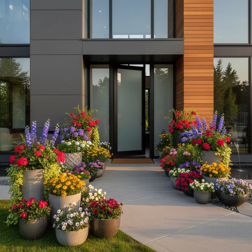 gemini_image_1772174979 Không gian mặt tiền rực rỡ nhờ cách bố trí chậu hoa khoa học và thẩm mỹ