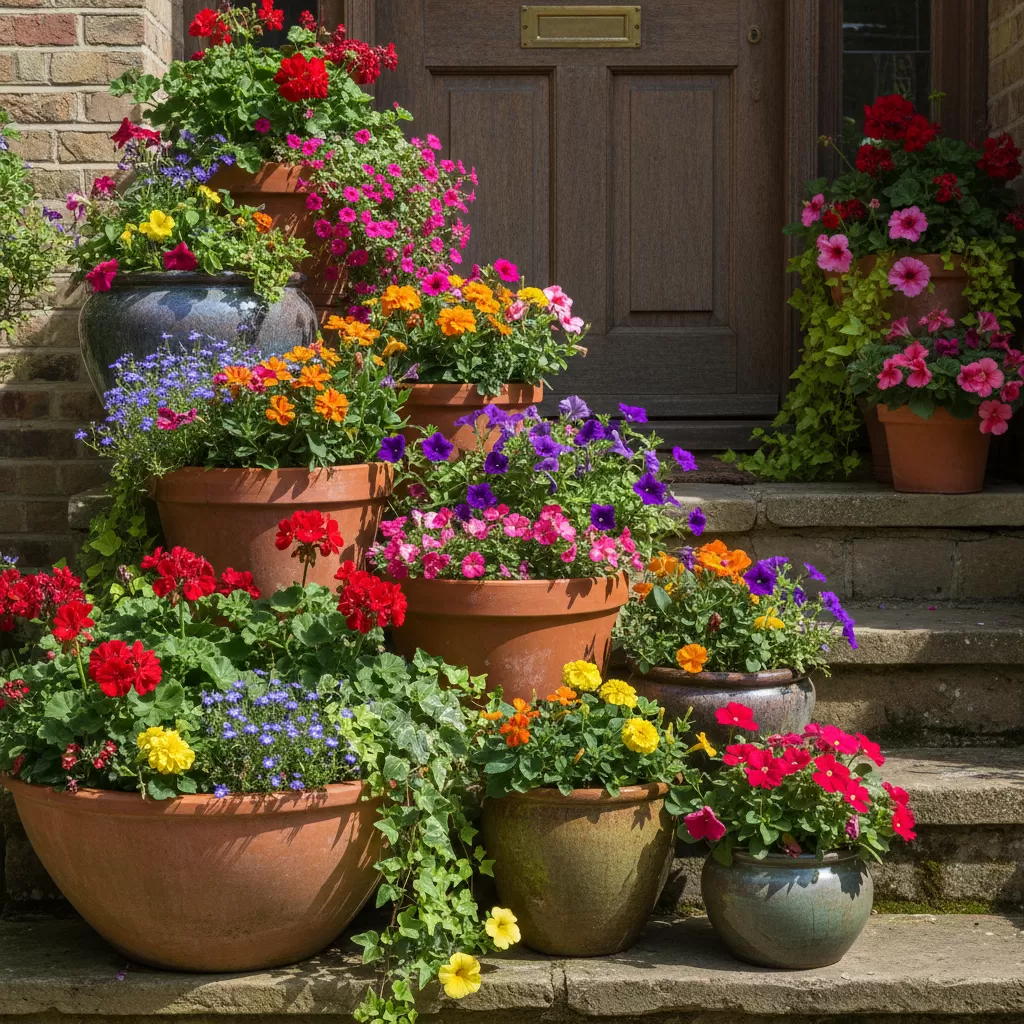 gemini_image_1772174981 Nghệ thuật phân tầng trong bố trí chậu hoa giúp tạo chiều sâu cho không gian