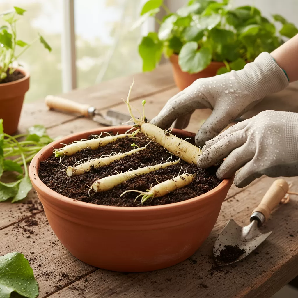 gemini_image_1772176905 Đặt các đoạn rễ rau diếp cá vào chậu mới với khoảng cách hợp lý
