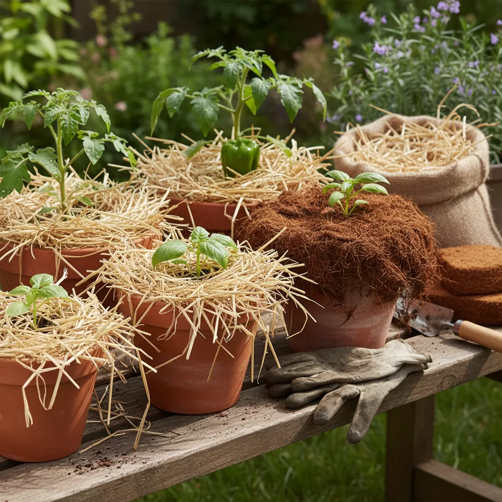 Sử dụng vật liệu phủ gốc là giải pháp giữ ẩm tuyệt vời cho rau trồng chậu