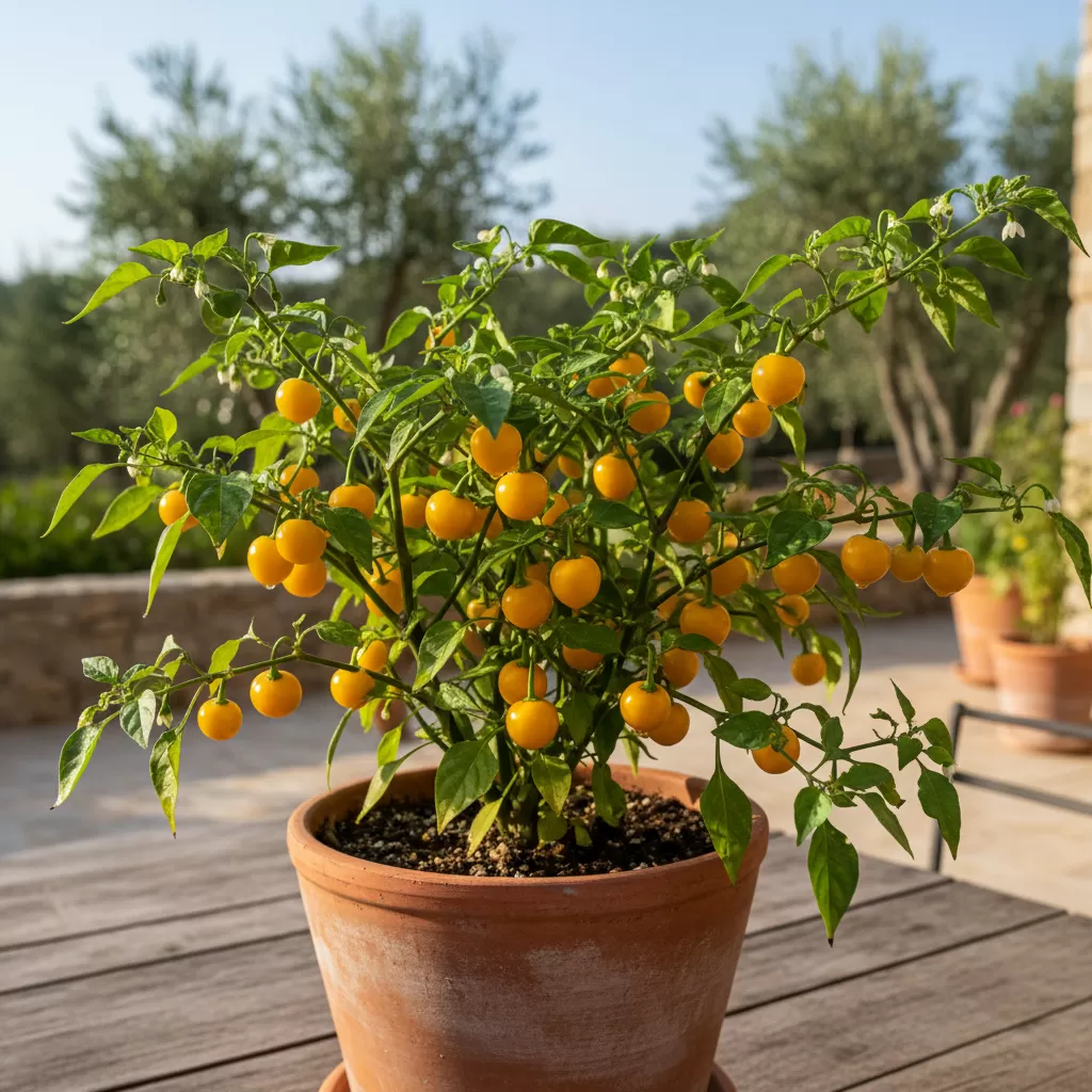 Cây ớt Peru Aji Charapita sai quả trồng trong chậu nhựa tại sân vườn