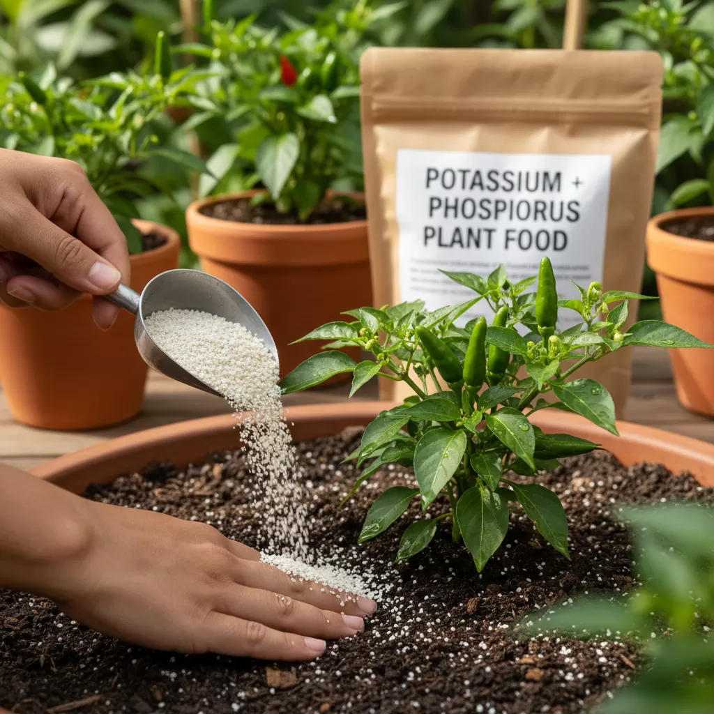 Bổ sung phân bón giàu Lân và Kali để kích thích cây ớt chuyển sang giai đoạn ra hoa