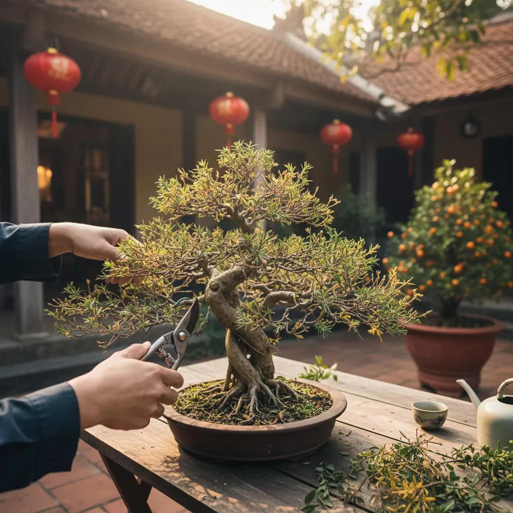 Cắt tỉa cành lá là bước quan trọng để cây tập trung dinh dưỡng hồi phục sau Tết