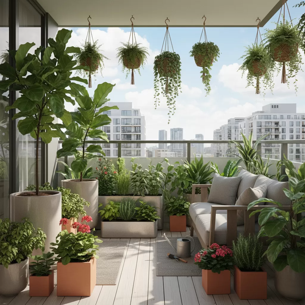 gemini_image_1772186710 Việc lựa chọn chậu trồng phù hợp là yếu tố then chốt cho sự phát triển của cây xanh ban công