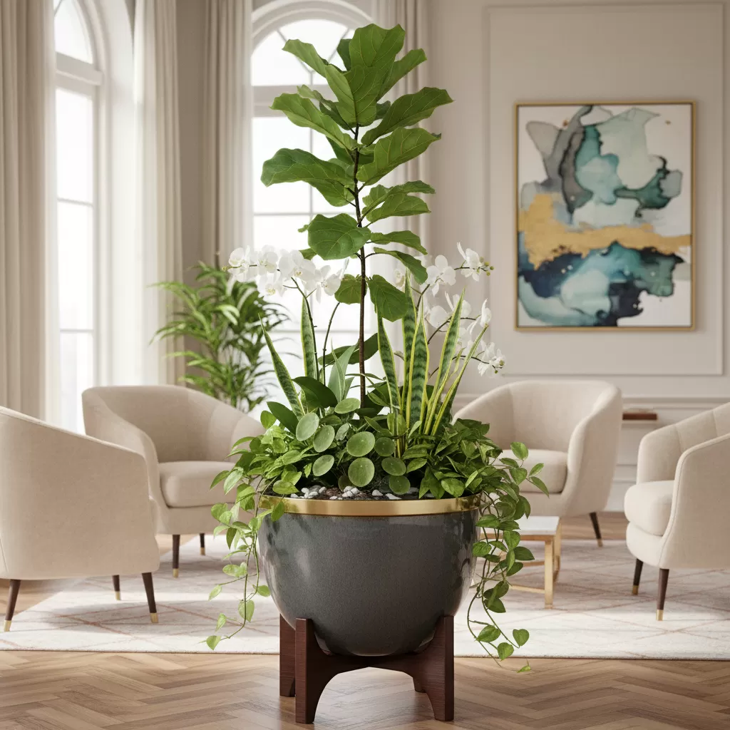 gemini_image_1772187885 Sự kết hợp hài hòa giữa nhiều loại cây cảnh trong cùng một chậu mang lại vẻ đẹp tinh tế