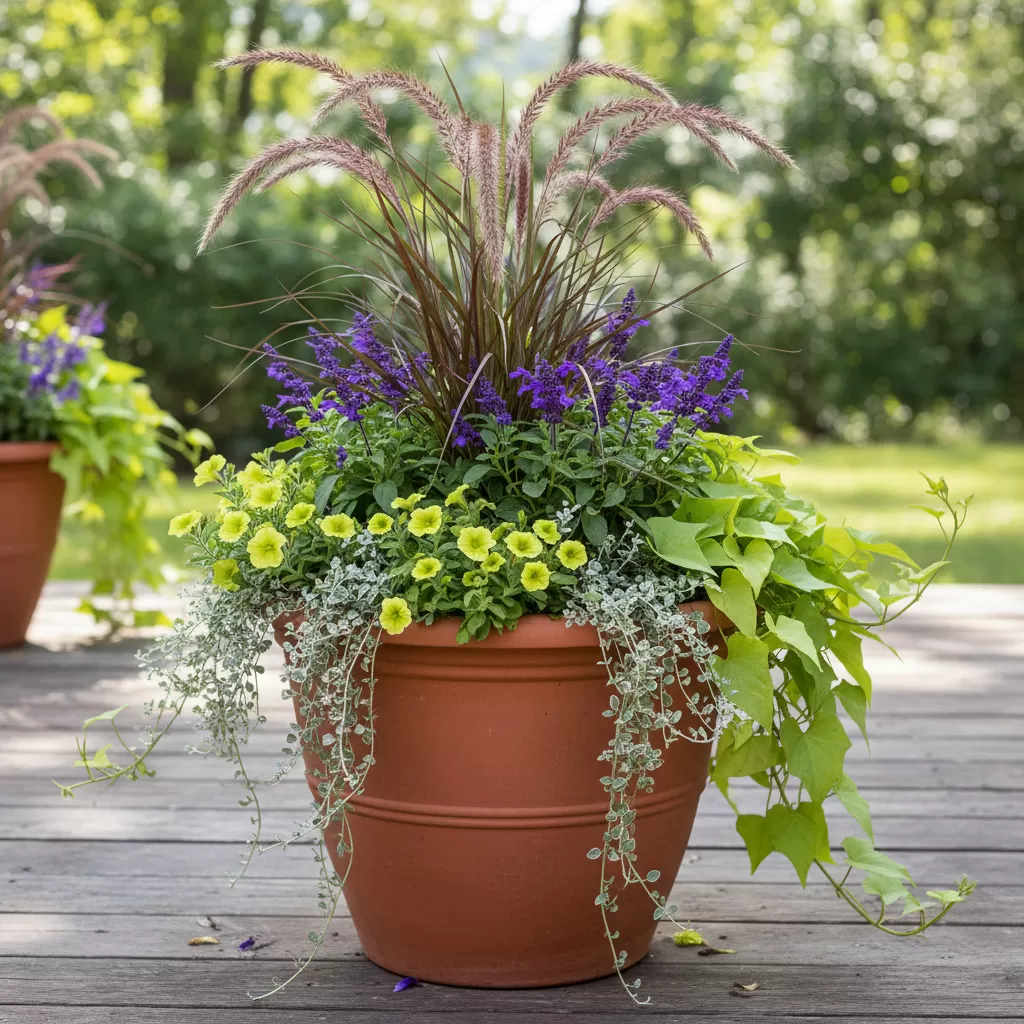 gemini_image_1772187886 Quy tắc Thriller Filler và Spiller giúp bố cục chậu cây cân đối và thu hút