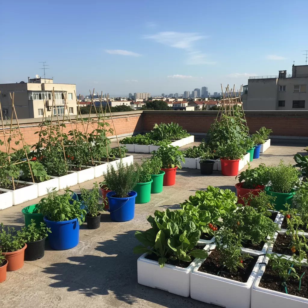 gemini_image_1772188494 Mô hình vườn rau sạch tại gia tận dụng từ các vật liệu tái chế