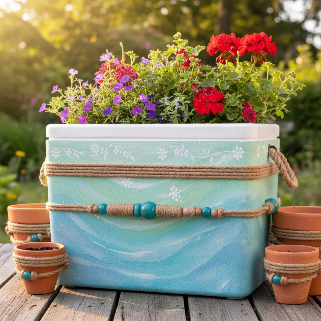 gemini_image_1772188496 Trang trí chậu cây tái chế giúp không gian xanh thêm phần sinh động và thẩm mỹ