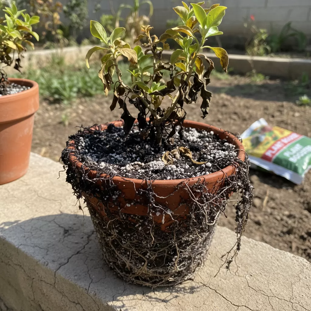 Bộ rễ cây bị tổn thương và cháy sém do nồng độ phân bón quá cao trong chậu