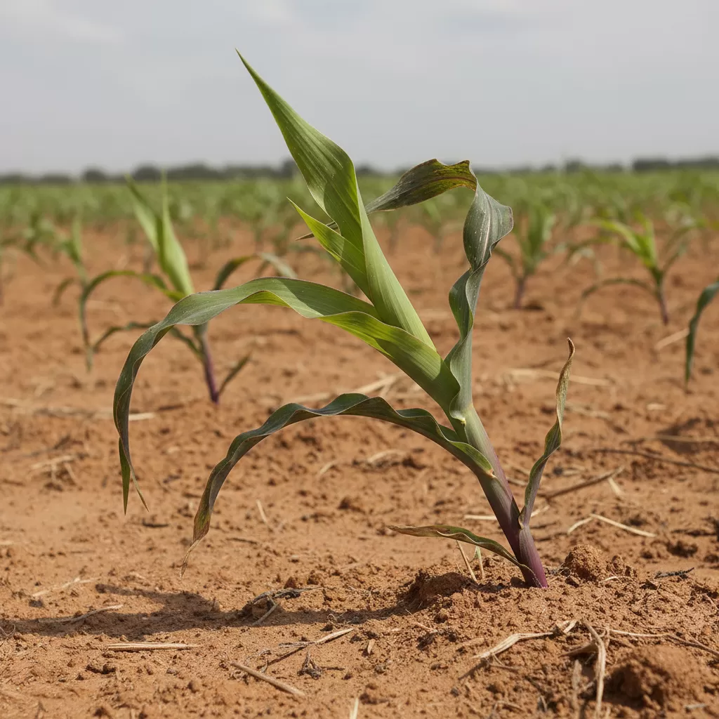 gemini_image_1772189819 Thân cây còi cọc và biến đổi màu sắc do thiếu hụt nguyên tố Lân