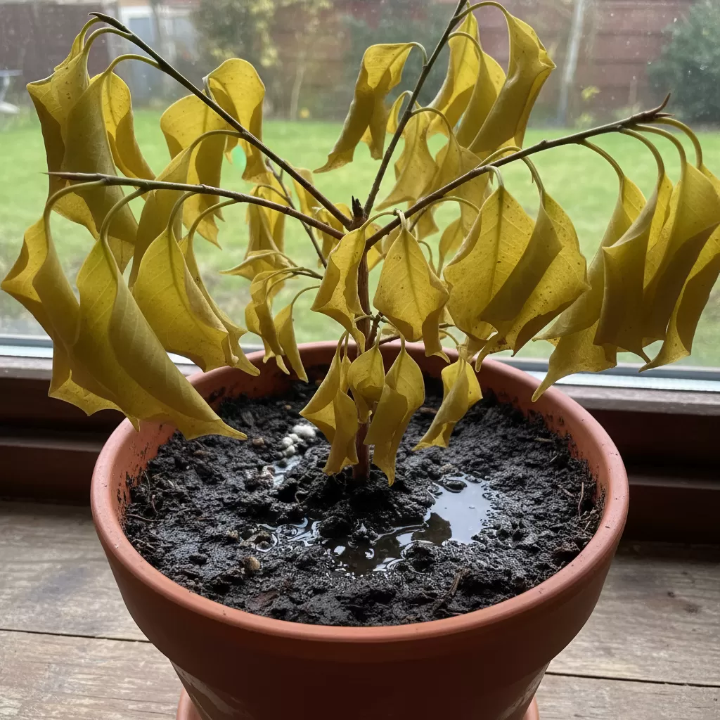 Dấu hiệu cây trồng chậu bị úng nước với lá vàng và đất quá ẩm