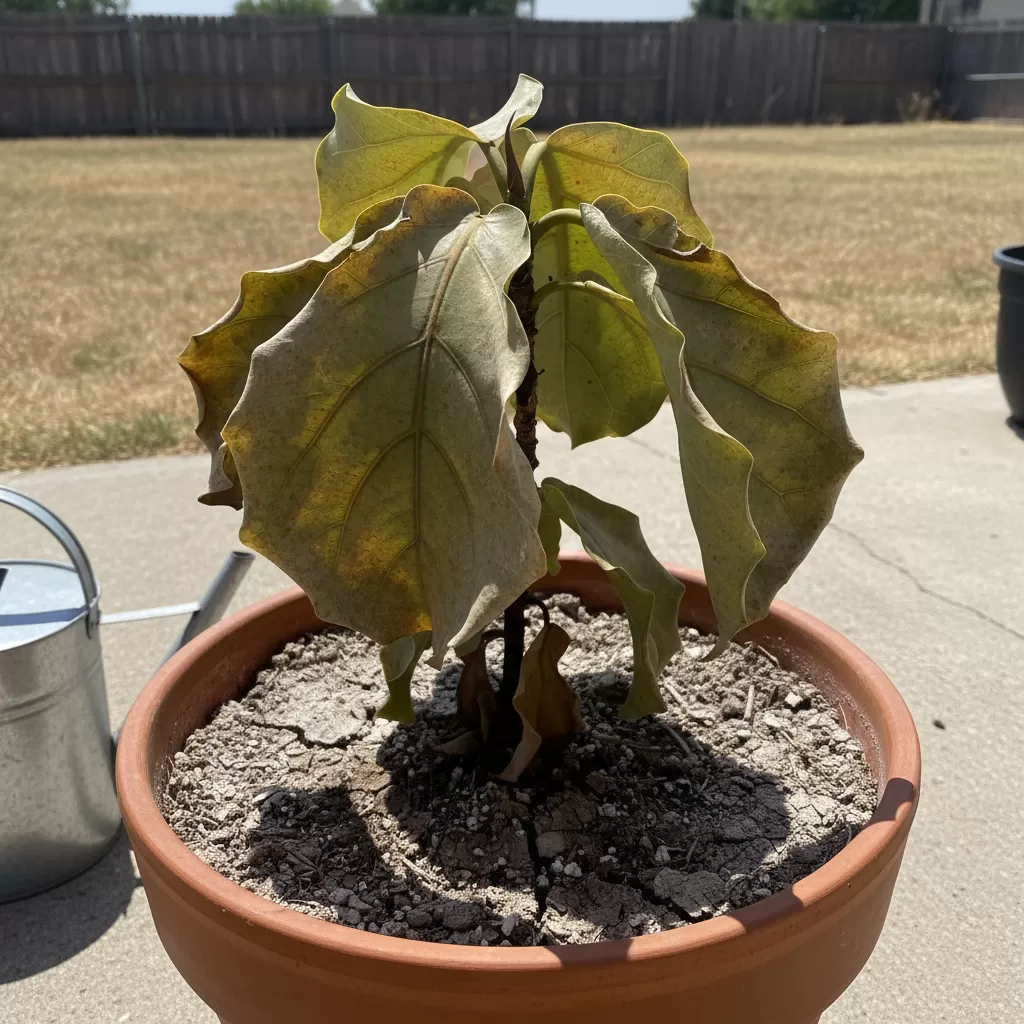 Lá cây bị héo rũ là dấu hiệu điển hình của việc thiếu nước và sốc nhiệt