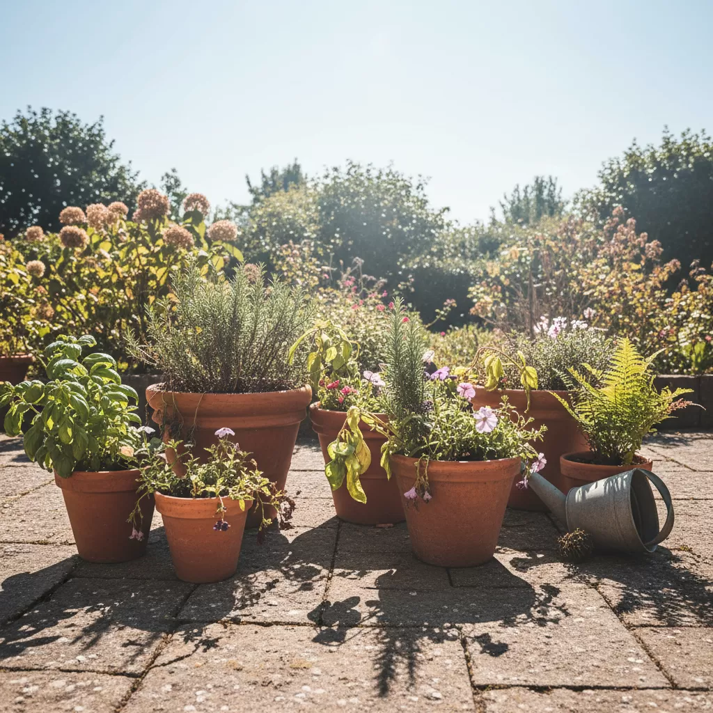 gemini_image_1772194381 Cây trồng trong chậu dễ bị mất nước và héo úa nhanh chóng dưới tác động của nắng nóng gay gắt