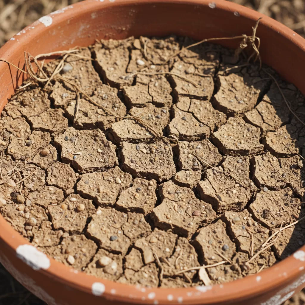 gemini_image_1772194382 Bề mặt đất khô cằn và nứt nẻ là dấu hiệu cảnh báo cây đang thiếu nước trầm trọng
