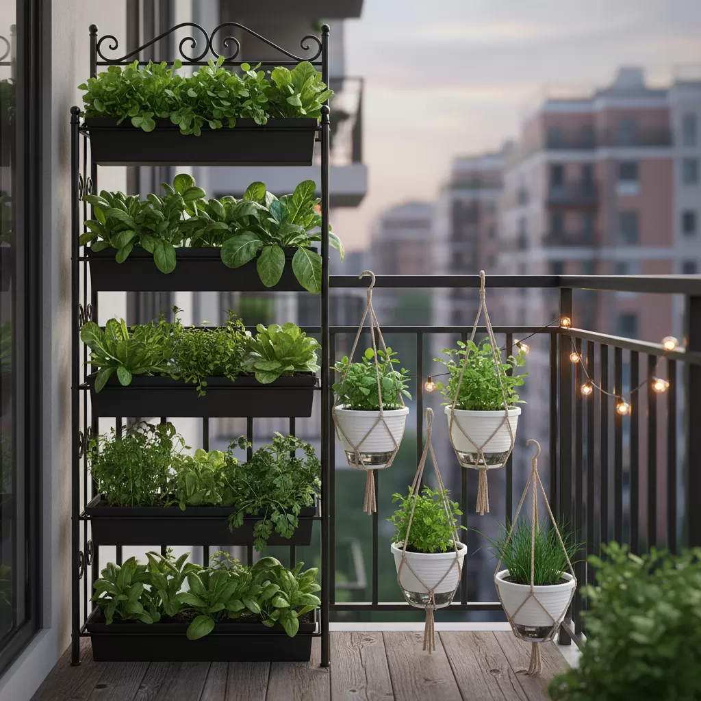 Sử dụng kệ tầng và chậu treo là giải pháp tối ưu cho ban công có diện tích hạn chế