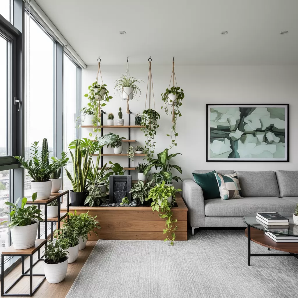 gemini_image_1772195304 Thiết kế góc vườn nhỏ trong nhà với cây chậu mang lại không gian xanh mát và hiện đại