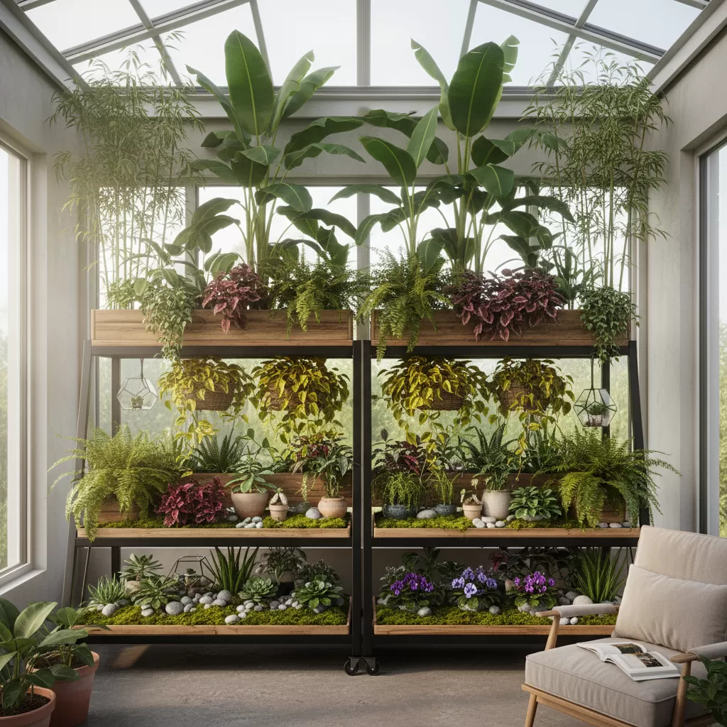 gemini_image_1772195306 Nghệ thuật sắp xếp cây chậu theo tầng tạo chiều sâu và sự sinh động cho góc vườn