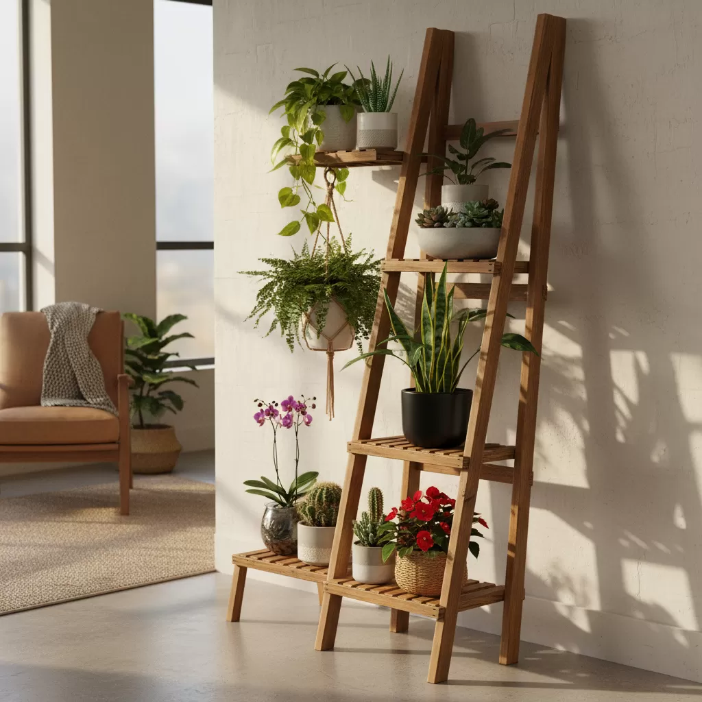 Kệ gỗ dạng thang là giải pháp phân tầng cây cảnh phổ biến và hiệu quả