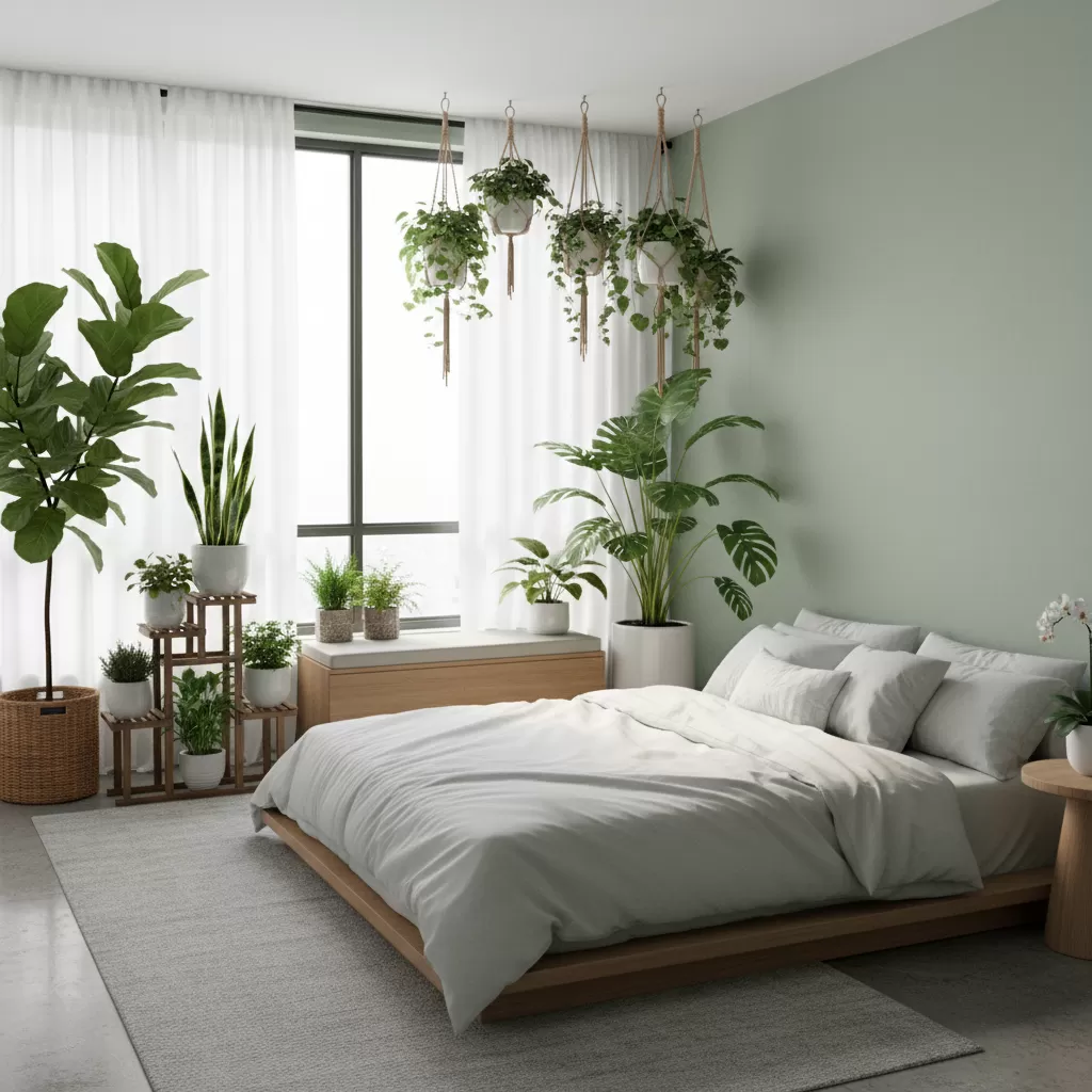 Không gian phòng ngủ xanh mát giúp cải thiện chất lượng nghỉ ngơi và sức khỏe tâm trí