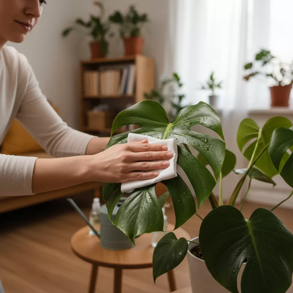 Vệ sinh lá cây định kỳ là bước quan trọng để cây phát triển khỏe mạnh trong nhà