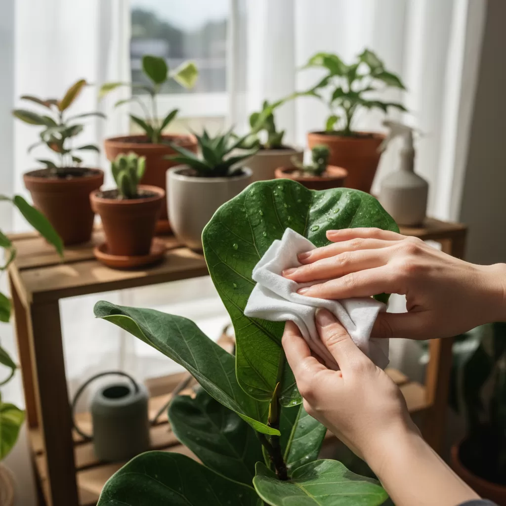 Vệ sinh lá cây và kiểm tra sâu bệnh trước khi đưa cây vào không gian trong nhà