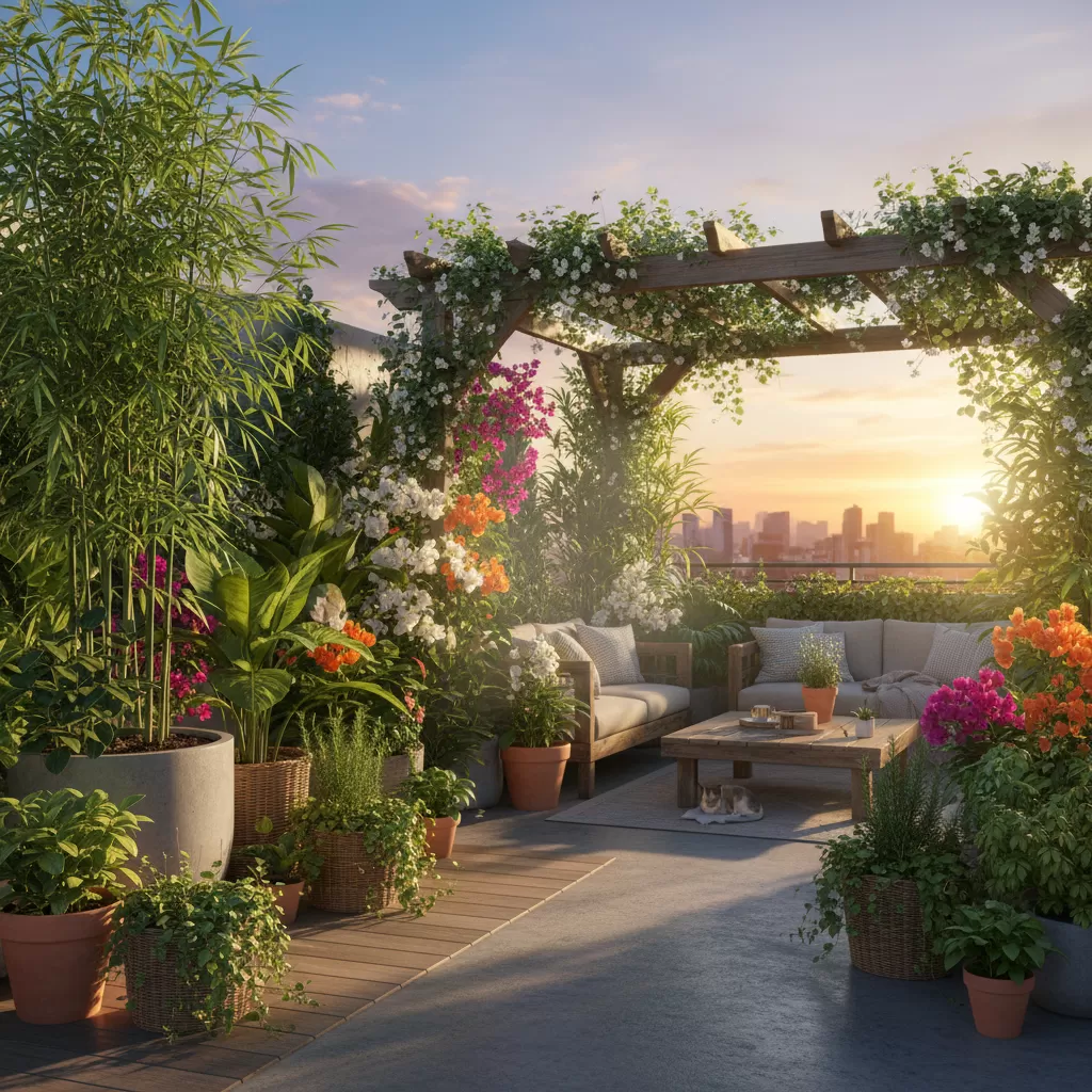 Không gian sân thượng hướng Tây được phủ xanh bằng các loại cây chịu nhiệt bền bỉ