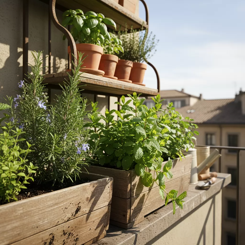 Vườn cây gia vị nhỏ gọn giúp tối ưu hóa diện tích ban công và cung cấp thực phẩm sạch