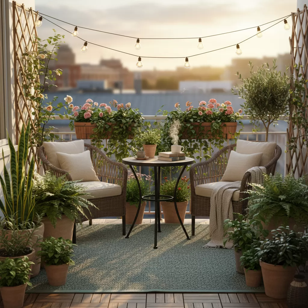 Không gian ban công nhỏ được biến hóa thành góc thư giãn xanh mát và đầy sức sống