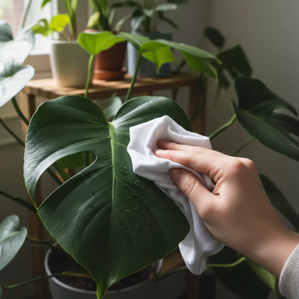 Vệ sinh lá cây định kỳ giúp cây quang hợp tốt hơn và luôn xanh mướt