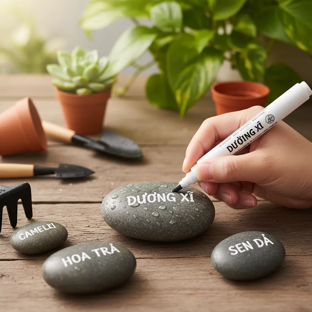 Sử dụng bút sơn chuyên dụng giúp thông tin trên bảng tên không bị phai mờ do tưới nước