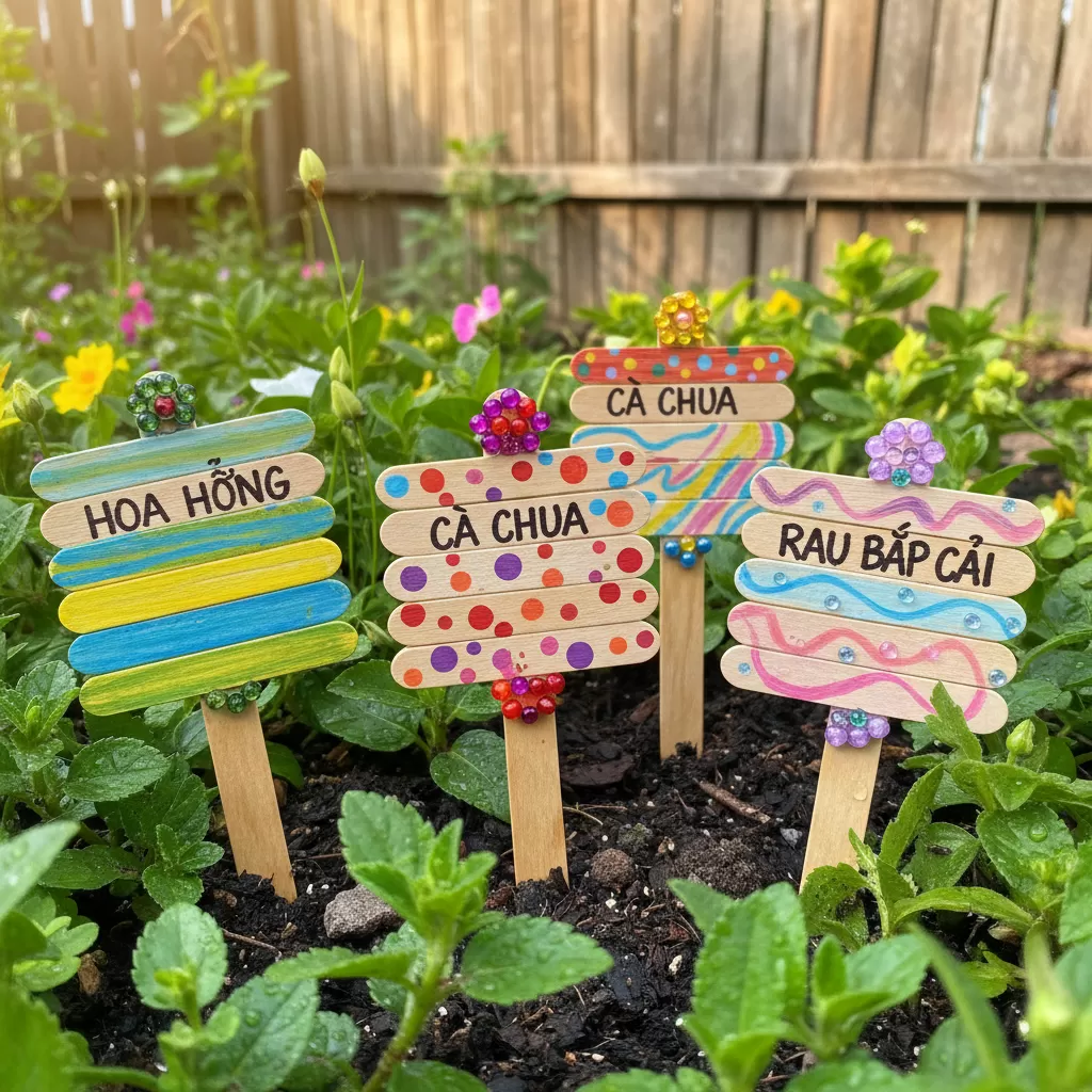 Tận dụng que kem cũ để tạo nên những nhãn tên cây đầy màu sắc và sáng tạo