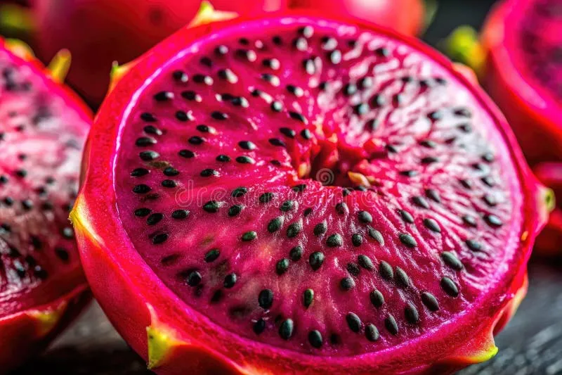 closeup-dragon-fruit-slice-vibrant-red-flesh-tiny-black-seeds-unveiled-captivating-macro-view-showcases-exquisite-383218201 Màu đỏ tím đậm đà bên trong quả thanh long ruột đỏ mini tạo nên sự hấp dẫn khó cưỡng
